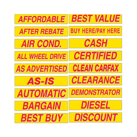 CAR DEALER DEPOT 15" Yellow & Red Adhesive Windshield Slogans: 4X4 Pk 132-4X